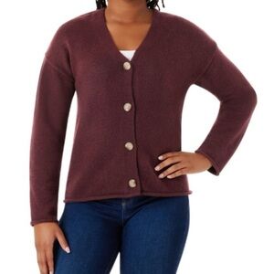 Burgundy V-Neck Ribbed Knit Cardigan